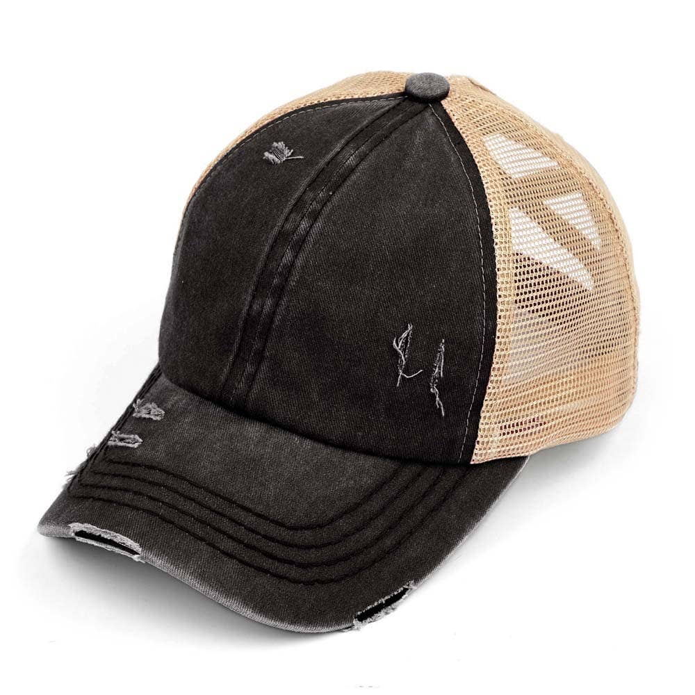 C.C Washed Denim with Crossed Elastic Band Mesh Pony Cap: Olive