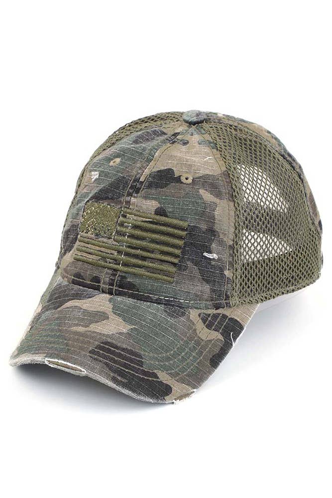 C.C American Flag Embroidery Camo Baseball Cap: Black