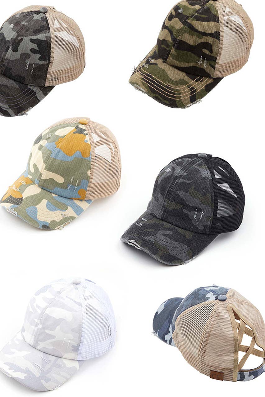C.C Denim Camouflage with Crossed Elastic Band Pony Cap: White