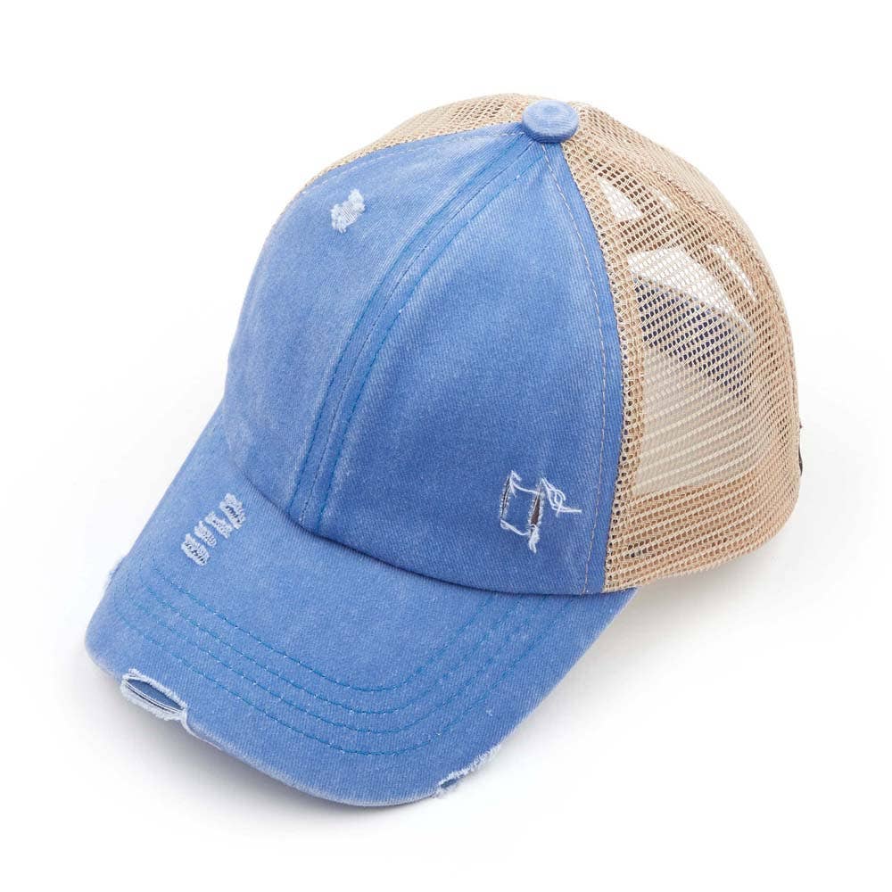 C.C Washed Denim with Crossed Elastic Band Mesh Pony Cap: Pink