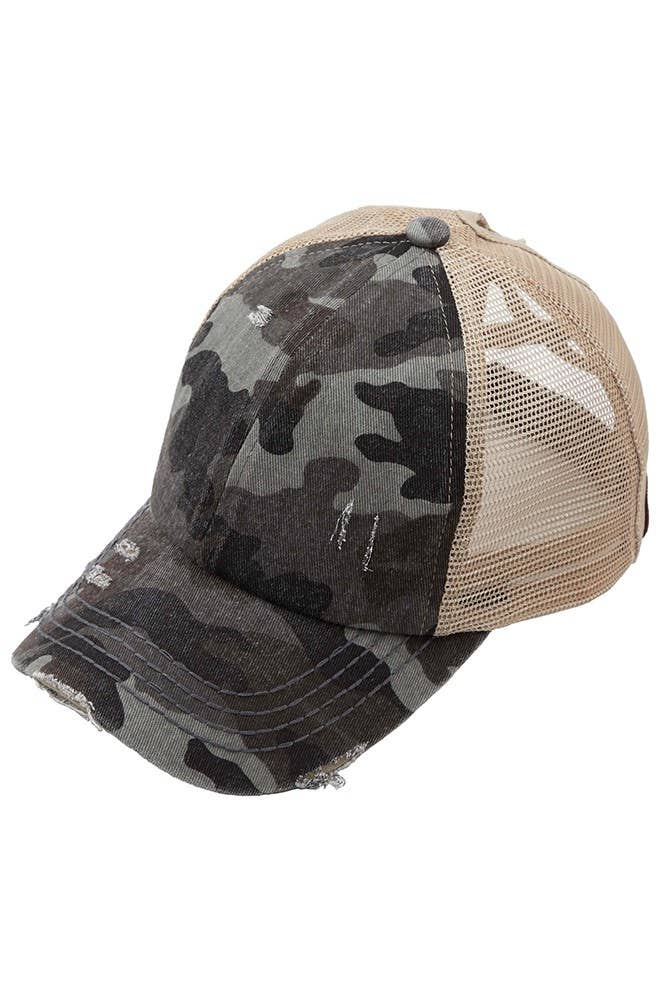 C.C Denim Camouflage with Crossed Elastic Band Pony Cap: White