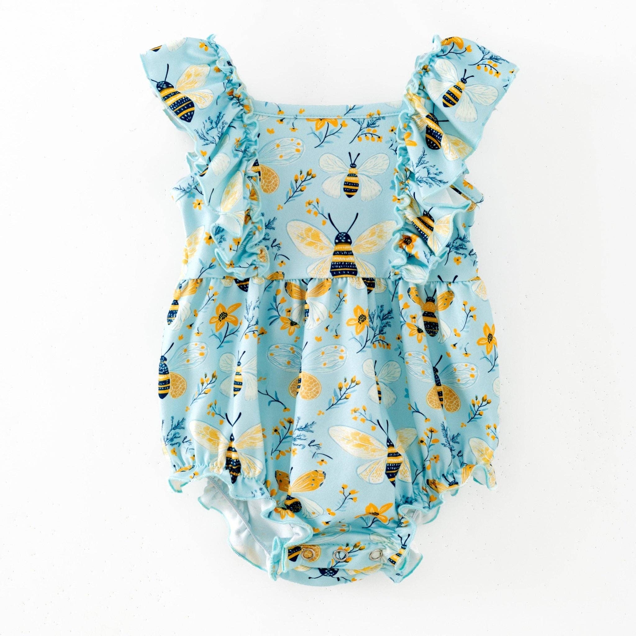Bee Print Ruffle Infant Romper: 3-6m