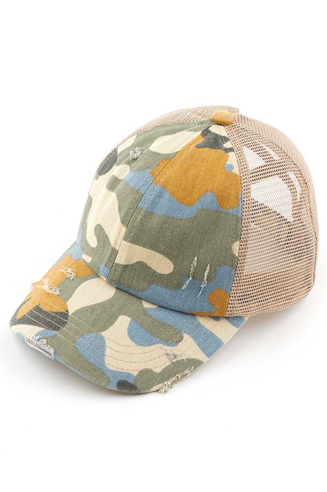 C.C Denim Camouflage with Crossed Elastic Band Pony Cap: Gray