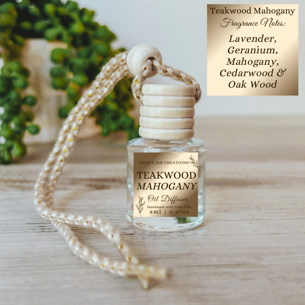 Hanging Car Diffusers | Teakwood Mahogany | Made in USA: Round Bottle