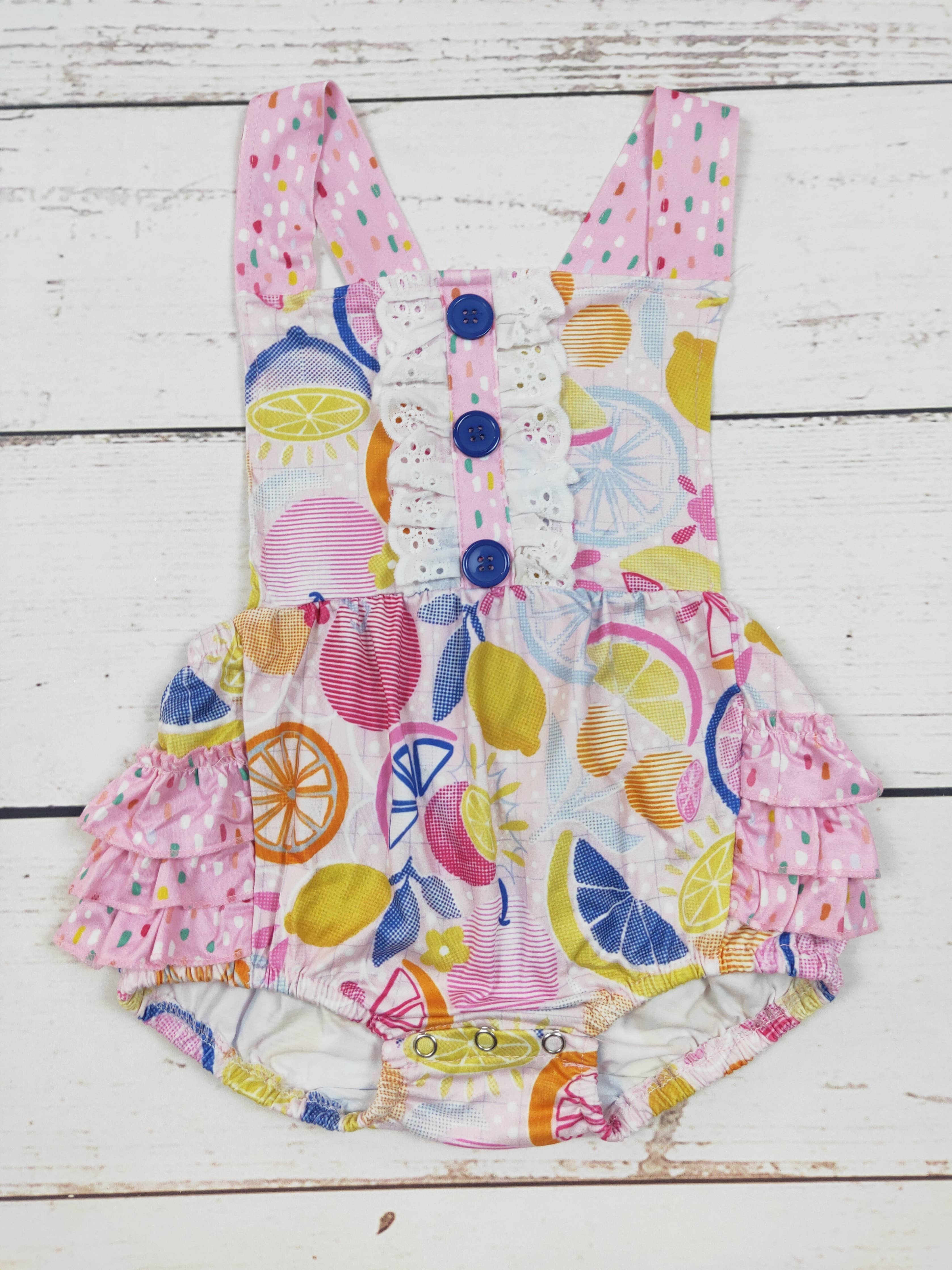 Lemon Printed Pink Baby Summer Bubble: 0-3M