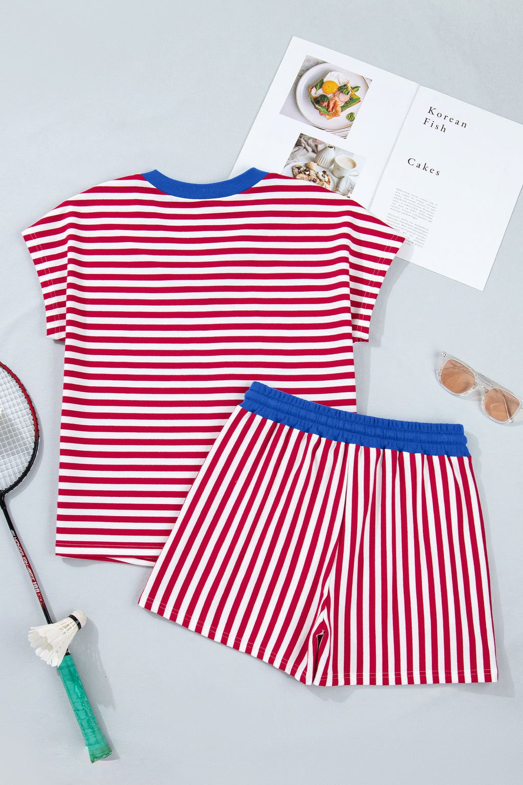 Pink Stripe Colorblock Trim V Neck Tee Drawstring Elastic Waist Short Set
