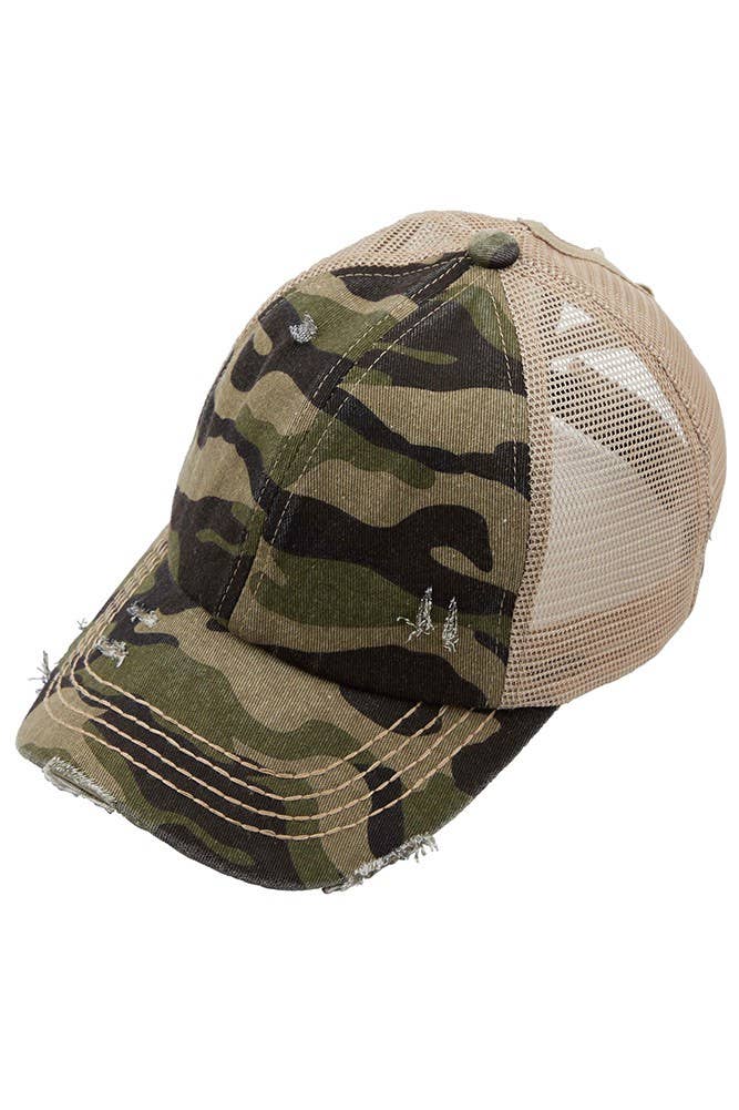 C.C Denim Camouflage with Crossed Elastic Band Pony Cap: Gray